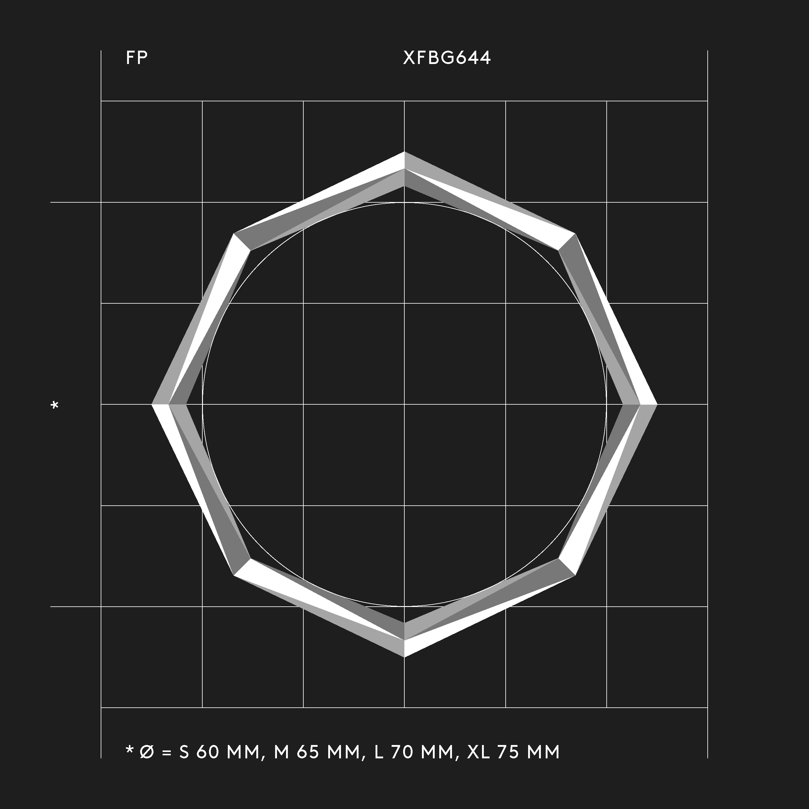 64 Facetten im grafischen Design — massiver XFBG644 von Fine Principles, entworfen für Schmuckliebhaber geometrischer Klarheit, in vier Größen erhältlich.