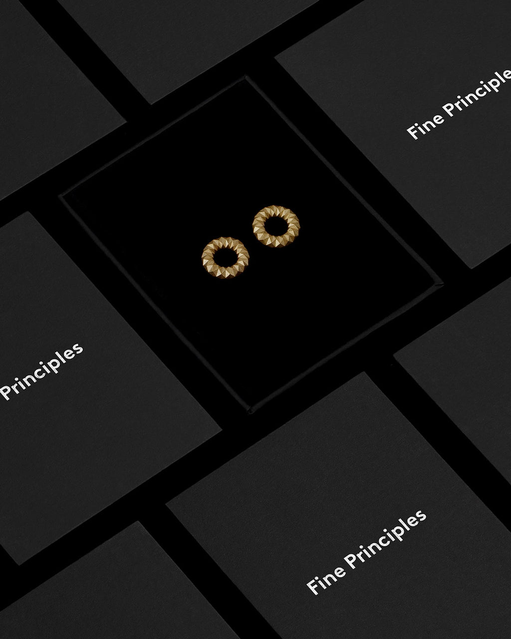 Kreisohrringe XFCE2562S mit grafischem Anspruch, handgefertigt aus recyceltem 935 Silber und 750 Gold — nachhaltiger Schmuck mit 256 Facetten von Fine Principles Berlin, elegant inszeniert in schwarzer Box.