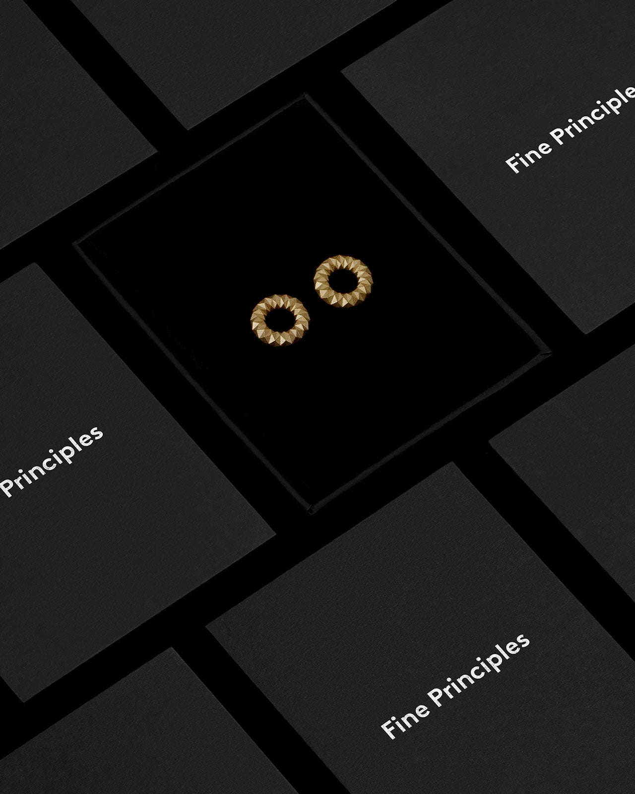Kreisohrringe XFCE2562S mit grafischem Anspruch, handgefertigt aus recyceltem 935 Silber und 750 Gold — nachhaltiger Schmuck mit 256 Facetten von Fine Principles Berlin, elegant inszeniert in schwarzer Box.