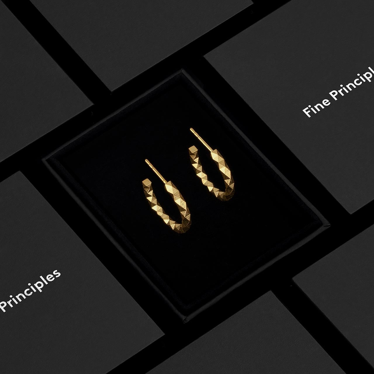 Mittelgroße Kreolen XFCO2562M von Fine Principles aus Berlin — nachhaltiger Schmuck aus recyceltem 935 Silber oder 750 Gold mit 256 unpolierten Facetten, präsentiert im schwarzen Etui mit minimalistisch-geometrischem Design.
