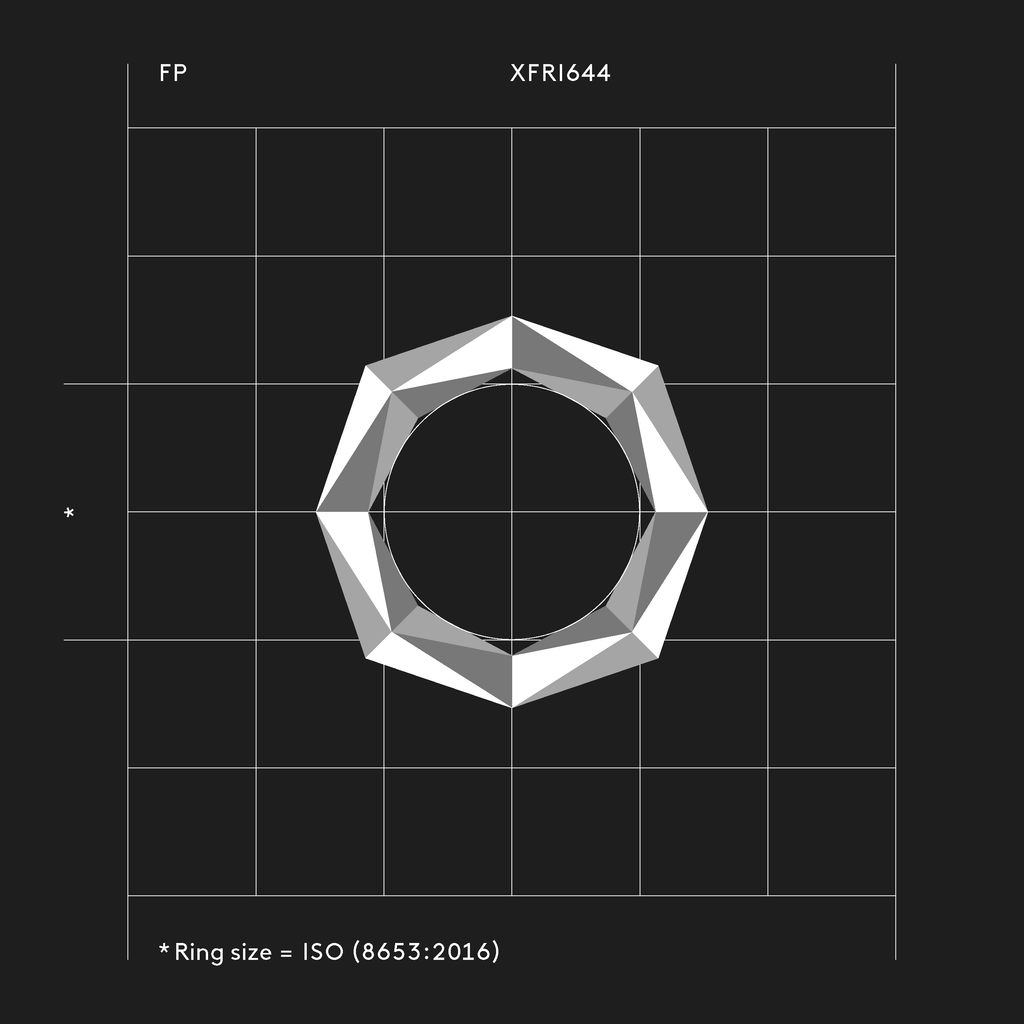 Minimalistischer Ring XFRI644 — 64 Facetten aus recyceltem Edelmetall, gefertigt von Fine Principles, mit Fokus auf Grafik in Kombination mit Schmuck.