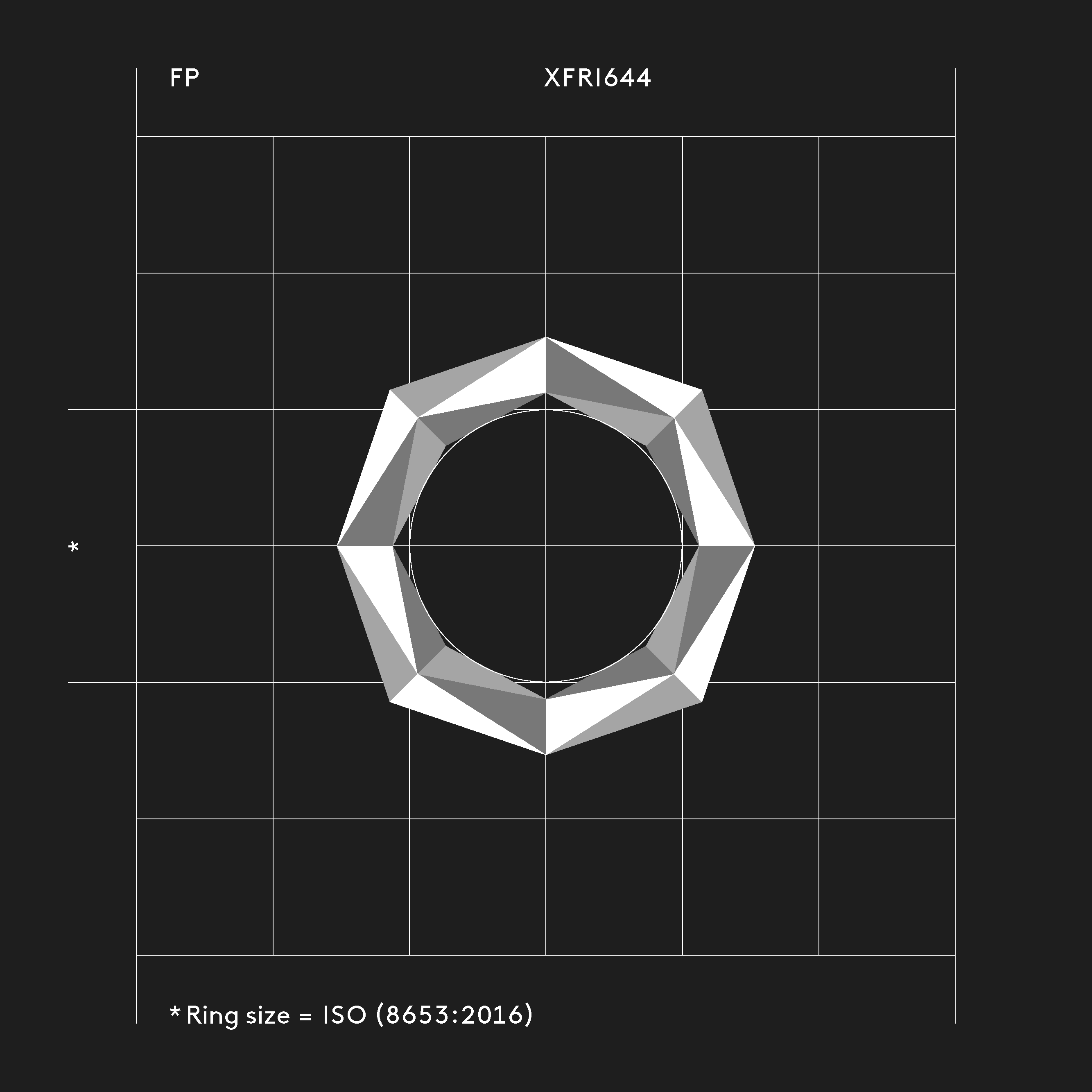 Minimalistischer Ring XFRI644 — 64 Facetten aus recyceltem Edelmetall, gefertigt von Fine Principles, mit Fokus auf Grafik in Kombination mit Schmuck.