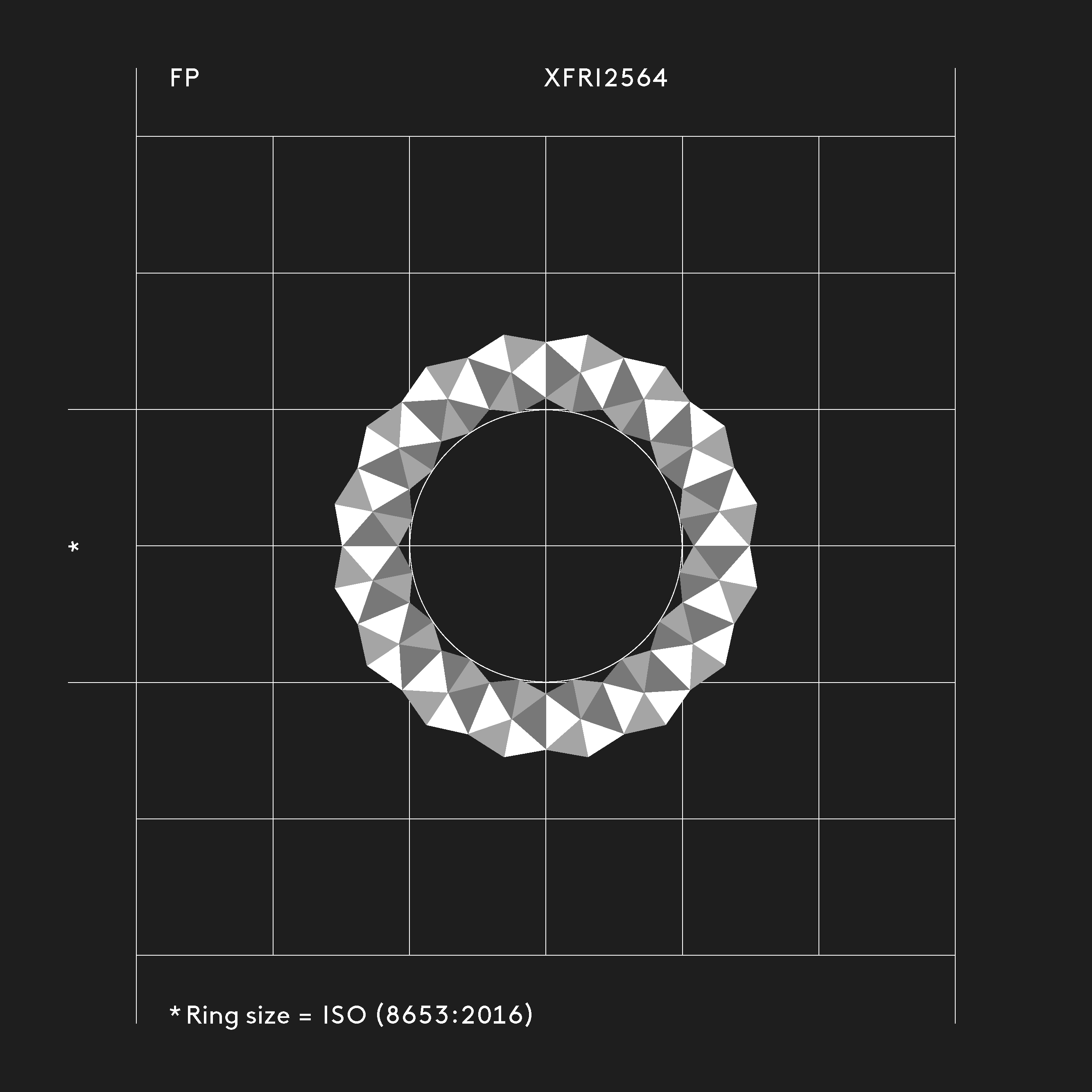 Geometrischer Ring XFRI2564 mit 64 Facetten von Fine Principles — minimalistischer Schmuck aus der Serie XF, inspiriert von Grafik und Raster.